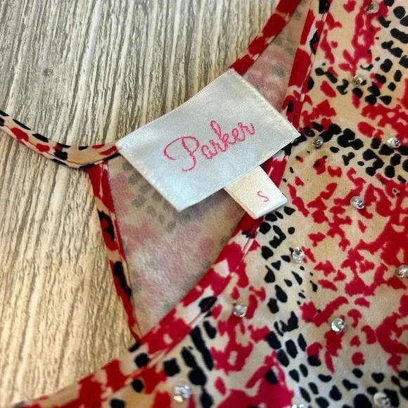 Parker Women's 100% Silk Cross Back Tank Top Animal Print Bling Pink Tan Small - Picture 6 of 10